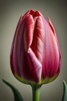 Close-up view of a vibrant red tulip showing intricate petal details in a softly lit environment photo