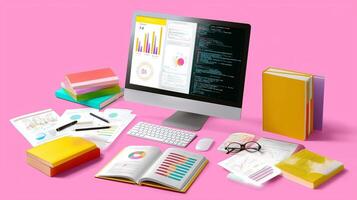 Workspace setup featuring computer, stationery, and colorful documents during a bright day photo