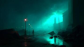 Mysterious night in a foggy urban environment with glowing streetlights and reflections on wet pavement photo