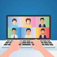 online meeting people connecting together conference remote working on laptop computer, work from home and work from anywhere vector