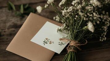 Beautiful bouquet of small white flowers with a note resting on a wooden table in a cozy setting photo