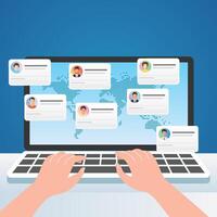 online networking people connecting together worldwide, working on laptop remote vector
