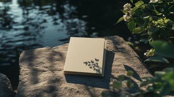 Tranquil outdoor setting with blank notebook resting on stone by a serene water body during daylight hours photo