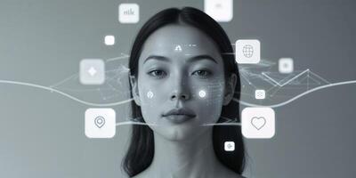 Woman with digital overlay showing various icons representing technology and communication in a modern setting photo
