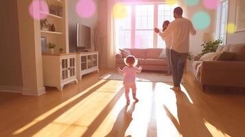Family enjoys a joyful moment dancing together in a sunlit living room on a weekend afternoon photo