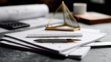 Workstation tools including documents, ruler, pen, and a geometric object in a business setting during the day photo