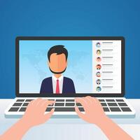 Online meeting people connecting together conference remote working on laptop computer, work from home vector