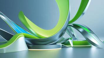 Modern abstract sculpture featuring sleek metallic and vibrant green elements in a contemporary indoor setting photo