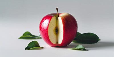 Freshly cut red apple with exposed inner flesh and green leaves on a neutral background in a well-lit setting photo