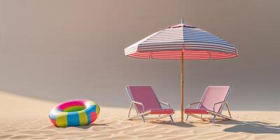 Relaxing beach setup with two chairs, an umbrella, and a colorful float in warm sand photo
