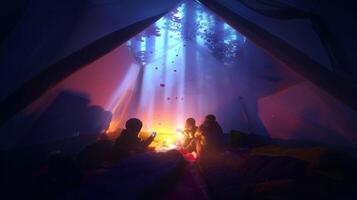 Group of friends gather around a campfire inside a tent enjoying the warmth and glow during a serene night in the forest photo