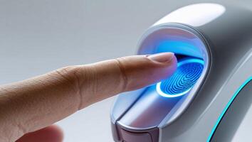 Modern fingerprint scanner in use for security access in an office environment photo