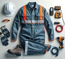 Work attire and tools displayed on a flat surface for construction tasks and safety measures photo