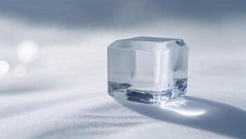 Clear ice cube resting on a snowy surface reflecting soft light during winter photo