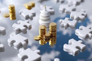 Financial decisions influenced by government structures visualized through coins and puzzle pieces in a reflective setting photo