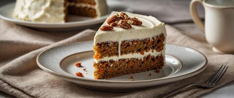 Delicious carrot cake slice topped with cream cheese frosting and pecans served on elegant dish with coffee nearby photo