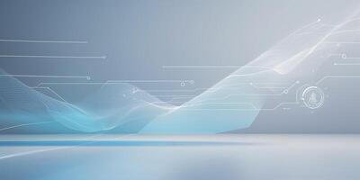 Digital landscape showcasing abstract waves and technology motifs in a modern design environment photo