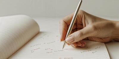 Hand writing notes in a notebook during a creative brainstorming session at a bright indoor workspace photo