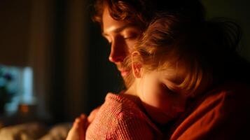 Father and child embrace in a warm, cozy setting during a quiet evening at home photo
