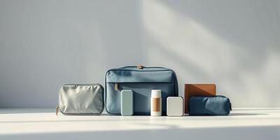 Collection of modern travel accessories arranged neatly on a minimalistic surface with natural light photo