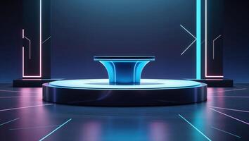 Modern futuristic stage design features glowing circular platform and neon accents for immersive events and presentations photo