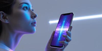 Woman examining smartphone lit by neon lights in a modern environment during evening hours photo