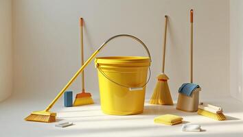 Cleaning tools arranged in a bright indoor space showcasing a yellow bucket and various cleaning utensils photo