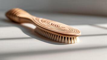Wooden hair brush rests on a light surface with soft shadows during a sunny morning photo