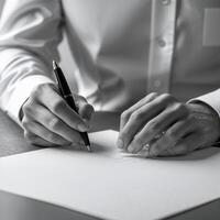 Individual working on a sketch with a pen at a wooden desk during a calm afternoon photo