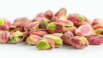 Pistachio nuts scattered on a smooth surface showcasing their vibrant color and texture in natural light photo