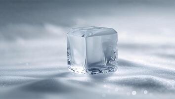 Clear ice cube rests on soft snow, reflecting light in a calm winter setting photo