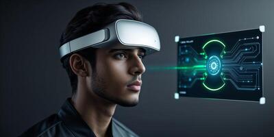 Man experiences augmented reality with futuristic headset in a dark tech-themed environment photo