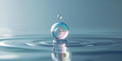 Droplet creates ripples on calm water surface in serene setting with subtle reflections photo