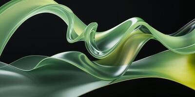 Curved green and yellow translucent waves creating an abstract composition in a dark background photo