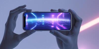 Futuristic smartphone display showing neon lights and virtual landscape at a tech exposition in the evening photo