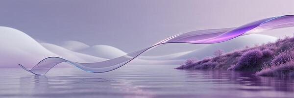 Flowing purple waves gently reflect in a calm lake surrounded by soft hills at dusk in a serene landscape photo