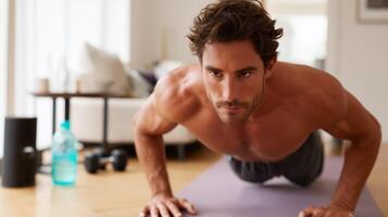 Man performs push-ups on mat in modern living room during morning workout routine while focusing on fitness and strength training photo