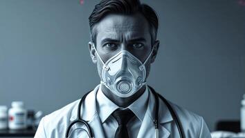 Doctor wearing a mask in a medical facility while focusing on patient care during a challenging health crisis photo