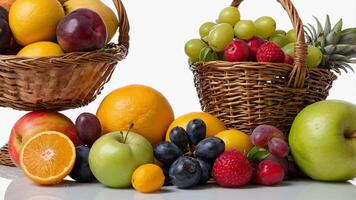 Fresh assorted fruits in woven baskets arranged on a bright surface ready for a healthy snack or meal photo
