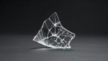 Shattered glass fragment displaying intricate patterns and sharp edges on a dark surface photo