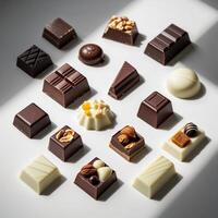 Assortment of chocolates displayed in square format with various flavors including nuts, caramel, and different shapes photo