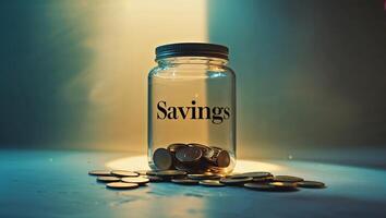 Savings jar filled with coins illuminated by soft light in a dim setting during evening hours photo