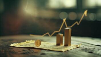 Growth in financial investments represented by gold bars and a rising chart on a weathered background photo