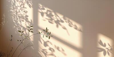 Soft shadows of leaves cast on a neutral wall in a sunlit room during the morning hours photo