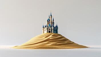 Sandcastle resembling a fairytale palace rising from waves of golden sand in a serene landscape at dawn photo