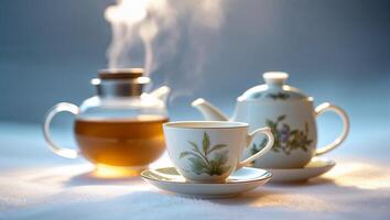 Warm tea brews in elegant teapots while steam rises in a cozy setting during a quiet afternoon photo