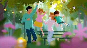 Family enjoys a cheerful day at a sunny park surrounded by blooming flowers and vibrant greenery photo