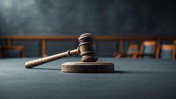 Wooden gavel rests on a round base in an empty courtroom emphasizing justice and decision-making photo