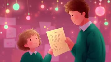 Child shares excitement with adult about a completed project during a festive event in a warmly lit environment photo