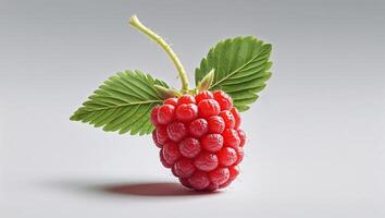 Fresh raspberry with vibrant green leaves resting on a smooth surface in natural light photo